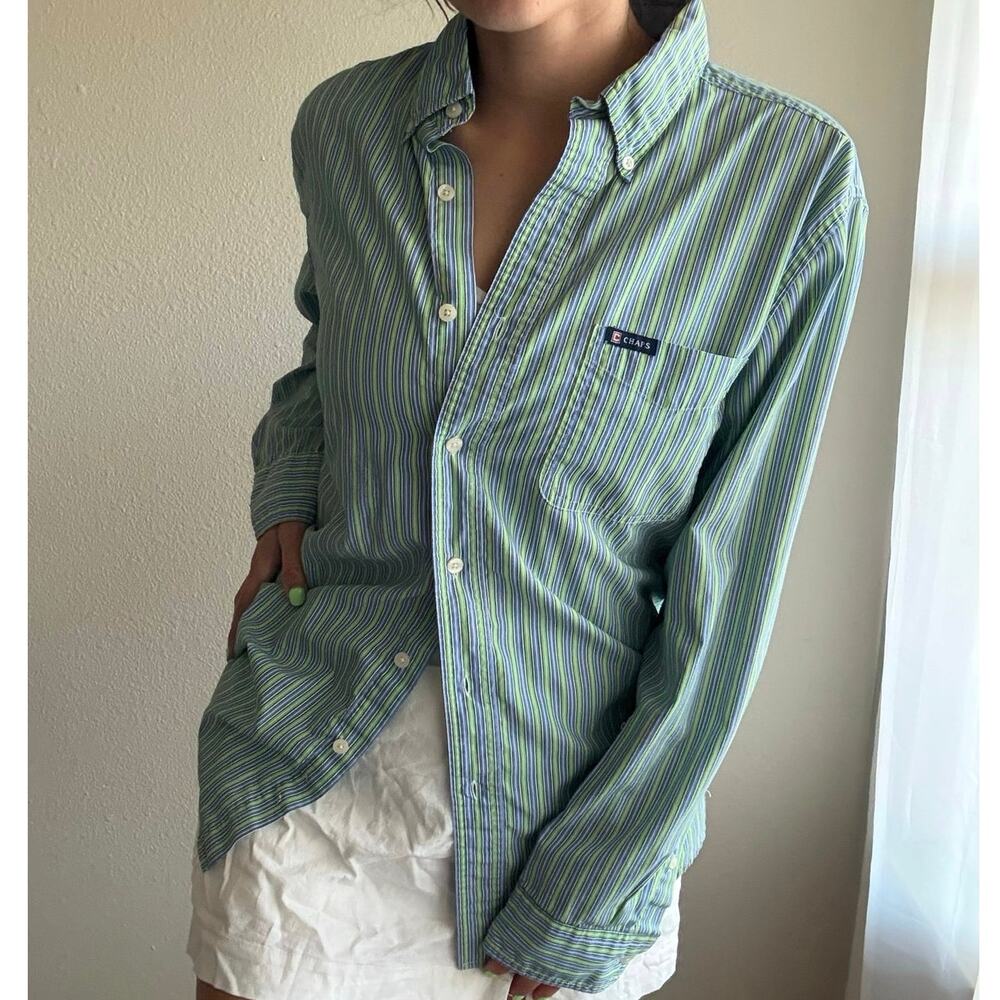 Chaps Easy Care Green Blue Stripe Button Up preppy summer vacation resort beach